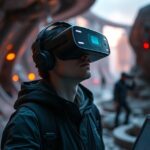 Person experiencing fully immersive VR technology in a futuristic world